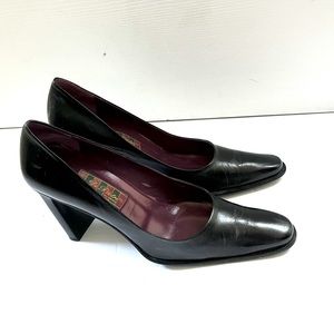 Italian black real leather shoes square shaped 4” wooden block heels